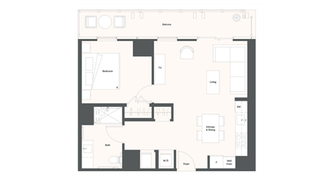 Floor plan for 1 bed, 1 bath, 704 sqft